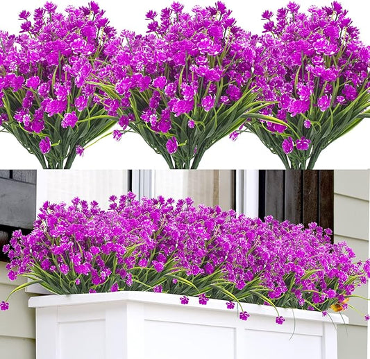 Artificial Fake Flowers, 12 Bundles Outdoor UV Resistant Greenery Shrubs Plants Indoor Outside Hanging Planter Home Garden Décor (Purple)