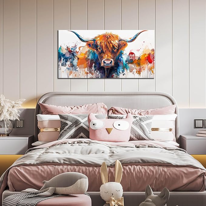 ZHAOSHOP Highland Cow Artwork Wall Decor for Living Room - Colorful Graffiti Wall Art for Office - Modern Wall Decor Teen Bedroom Size 20" x 40"