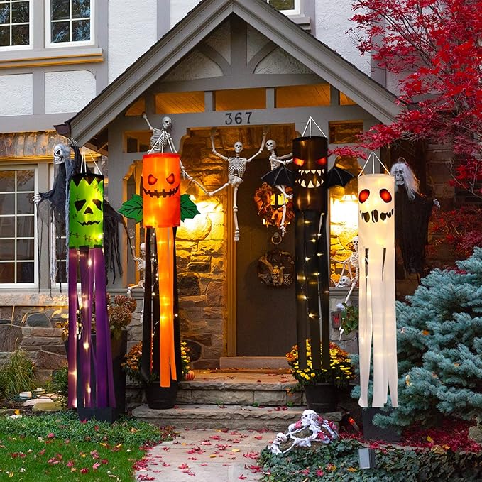 4 Pieces Halloween Windsock Flag 39 Inch Pumpkin Bat Ghost Spooky Cartoon Wind Socks Flag with LED Lights Outdoor Hanging Decoration for Home Yard Patio Lawn Garden Tree Party Decoration