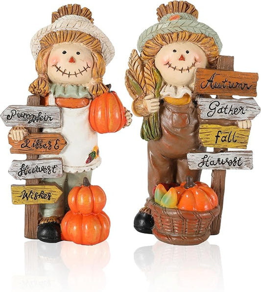 2-Pack Thanksgiving Scarecrow Figurines with Inspirational Autumn Plaques - Durable Resin 5.5'' Thanksgiving Table Decor - Fall Decorations Indoor Outdoor Harvest Gifts (Scarecrows)