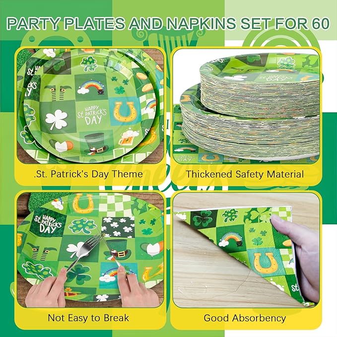 180Pcs St Patricks Day Party Supplies Paper Plates and Napkins Serve 60 Disposable Tableware Set for Birthday Party Decorations Game Day Family School Holiday Sports Events