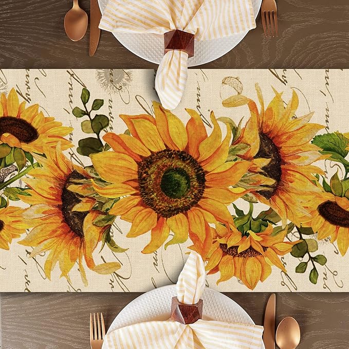 Seliem Fall Sunflowers Table Runner, Vintage Spring Summer Flower Home Kitchen Dining Decor, Seasonal Farmhouse Floral Decorations Indoor Outdoor Party Supply 13 x 120 Inch