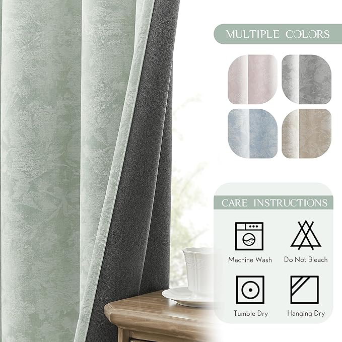 Beauoop Green Floral Jacquard Blackout Curtains 84 Inches Long 2 Panels for Bedroom Living Room Sage Flower Chenille Room Darkening Thermal Insulated Soundproof Grommet Window Treatments Drapes, 52x84