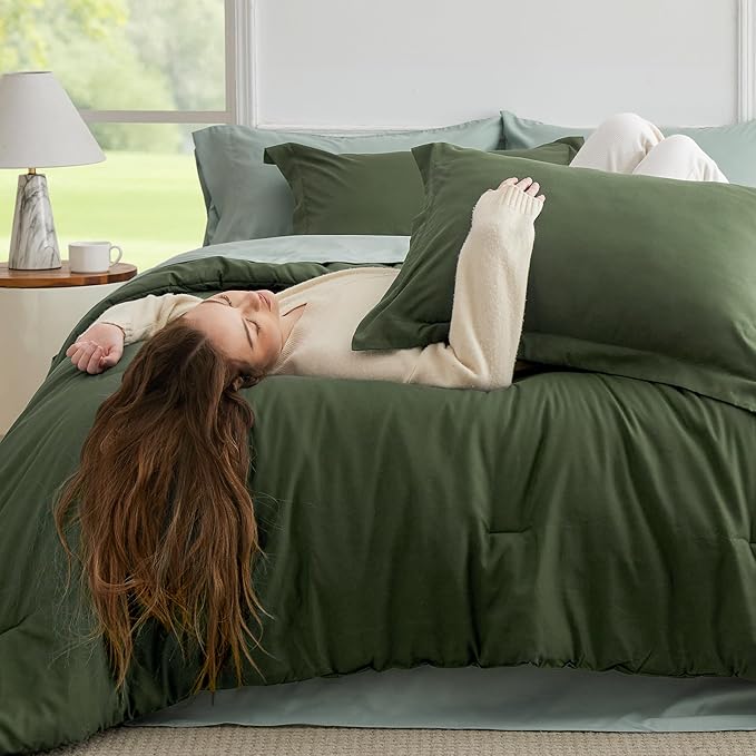 Bedsure Full Size Comforter Set - 7 Pieces Olive Green Full Bedding Set for All Seasons, Boho Contrasting Design Bed in a Bag with Comforter, Sheets, Pillowcases & Shams