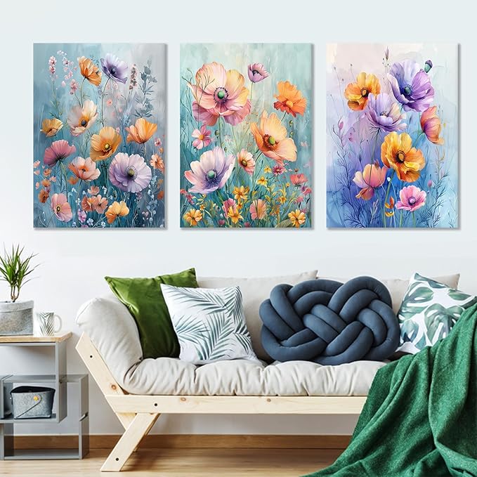 Colorful Floral Poster Wall Art 3 Pieces Abstract Farmhouse Botanical Wildflower Daisy Wooden Framed Print on Canvas Painting Artwork for Living Room Gym Hotel Office Ready to Hang [60''W x 28''H]