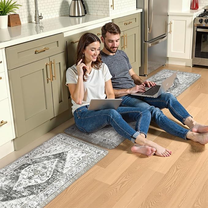 KIMODE Kitchen Mat for Floor Anti Fatigue Cushioned, 20"x59"+20"x32" Boho Oriental Kitchen Runner Rug, Non Skid Padded Kitchen Floor Mat, Comfort Standing Desk Mats for Laundry Office Sink Grey