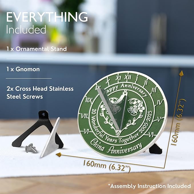 Anniversary Sundial Gift for 20th China Wedding Anniversary in 2024 - Recycled Metal Home Decor Or Garden Present Idea - Handmade in UK for Him, Her Parents Or Couples 20 Year Celebration