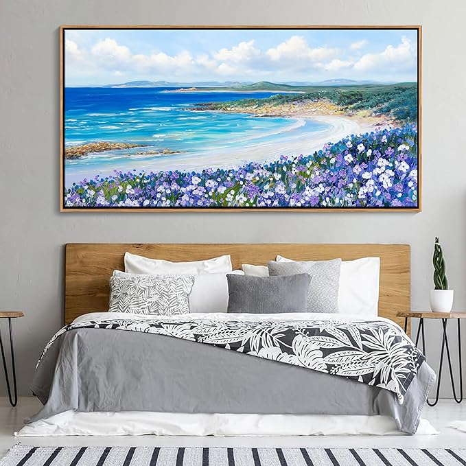 Mofutinpo Coastal Beach Wall Art,Large Purple Flower Landscape Canvas Wall Art for Living Room & Bedroom Decor, Framed Blue Beach Pictures & Paintings for Walls,Ocean Artwork for Home & Office 29x58IN