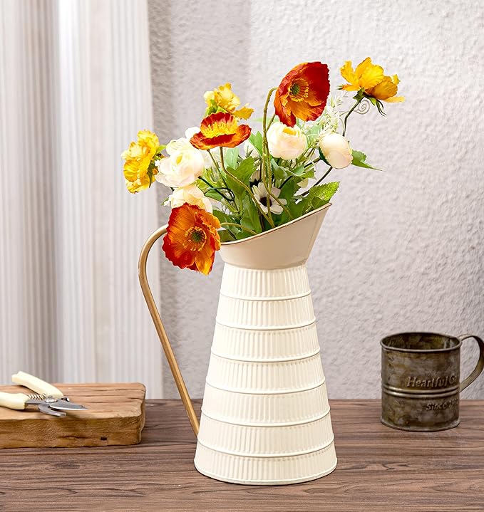 Elegant Cream/White Metal Pitcher Vase, Farmhouse Galvanized Flower Vase, Rustic Decorative Milk Jug for Home Decor, 10.8''H