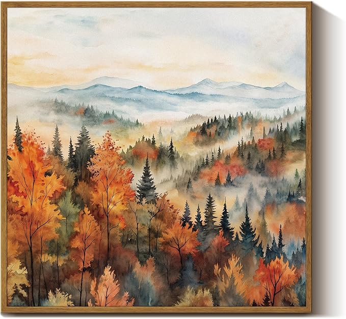 InSimSea Square Framed Canvas Wall Art, Classical Scenery Prints Landscape Pine Forest In The Morning Mist, Autumn Fall Home Wall Decor for Living Room, Bedroom, Bathroom, Office 16"x16"