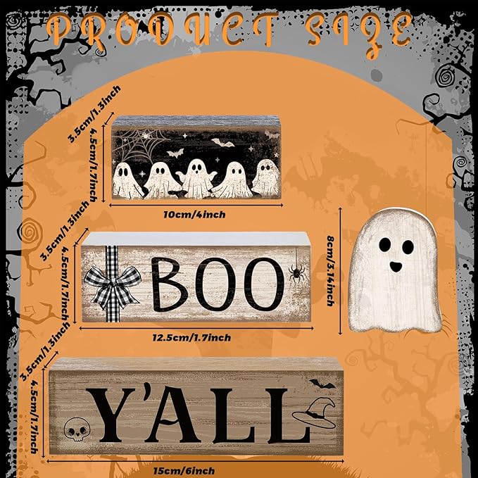 4 Pcs Halloween Table Decoration Wooden Ghost Tiered Tray Decoration Rustic Wood Ghost Block Signs Gift Halloween Centerpiece Farmhouse for Home Tabletop Kitchen Shelf