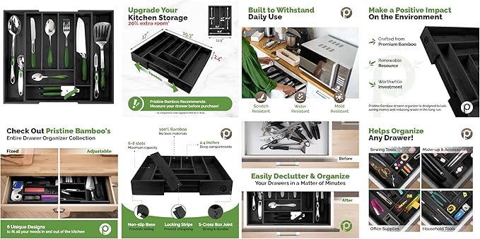 Silverware Tray - Drawer Organizer with Expandable Wooden Dividers (8-Slots, Black)