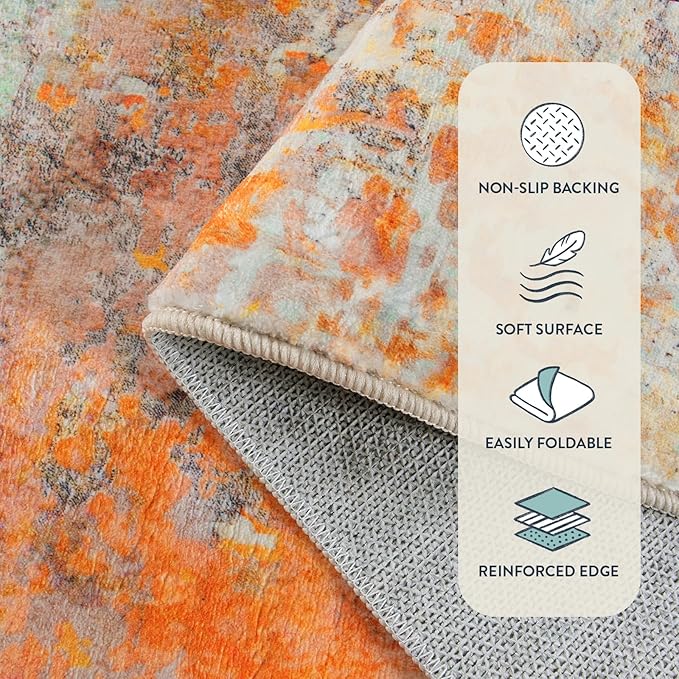 Lahome Modern Abstract Small 2x3 Rug - Washable Kitchen Rugs Non Slip Front Indoor Mat for Entry Bathroom, Contemporary Soft Throw Carpet for Entryway Bedside, Orange/Yellow