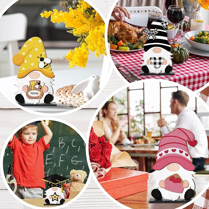 Blulu Interchangeable Wooden Gnome Decor DIY Holiday Seasonal Fall Gnomes Halloween Tiered Tray Decoration with Magnet Pieces Halloween Welcome Sign for Holiday Decorations(Cute)