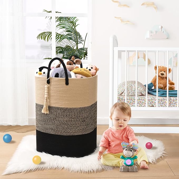 Woven Laundry Basket for Clothes, 65L Large Rectangle Laundry Hampers with Beads Tassel, Nursery Storage Basket for Toys, Tall Dirty Clothes Hamper for Bedroom Aesthetic, Laundry Room Organization