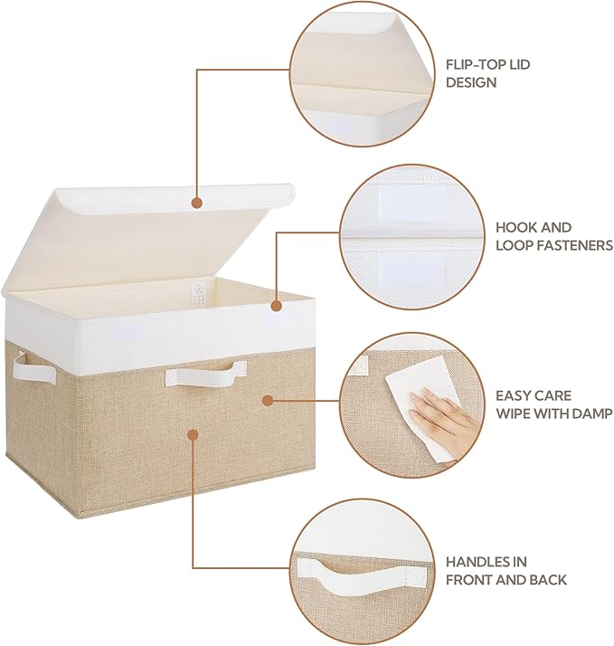 GRANNY SAYS Storage Boxes with Lids, Decorative Storage Bins, Shelf Baskets, Clothes Storage and Organization, White/Khaki, 2-Pack
