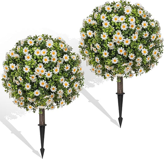 Set of 2 Artificial Topiary Ball Trees with White Mum, Faux Boxwoods for Outdoor Planters with Ground Spike, UV Resistant Artificial Outdoor Plants for Porch, Fake Bushes Round Shrub