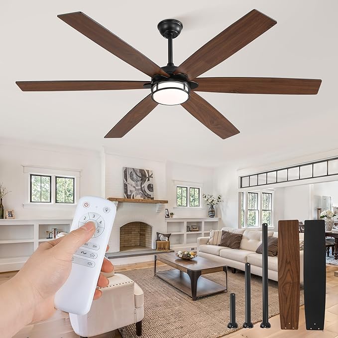 65 Inch Ceiling Fans with Lights, Farmhouse Large Ceiling Fans with Remote, Black&Brown Modern Ceiling Fan with LED Light, Quiet DC Motor for Living Room, Bedroom, Kitchen, Indoor