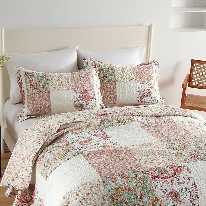 Secgo Queen Comforter Set for Bed - 100% Cotton Quilts Queen Size, Black Bedspreads (90 * 98 Inch) with 2 Pillow Shams, Patchwork Reversible Lightweight Bedding