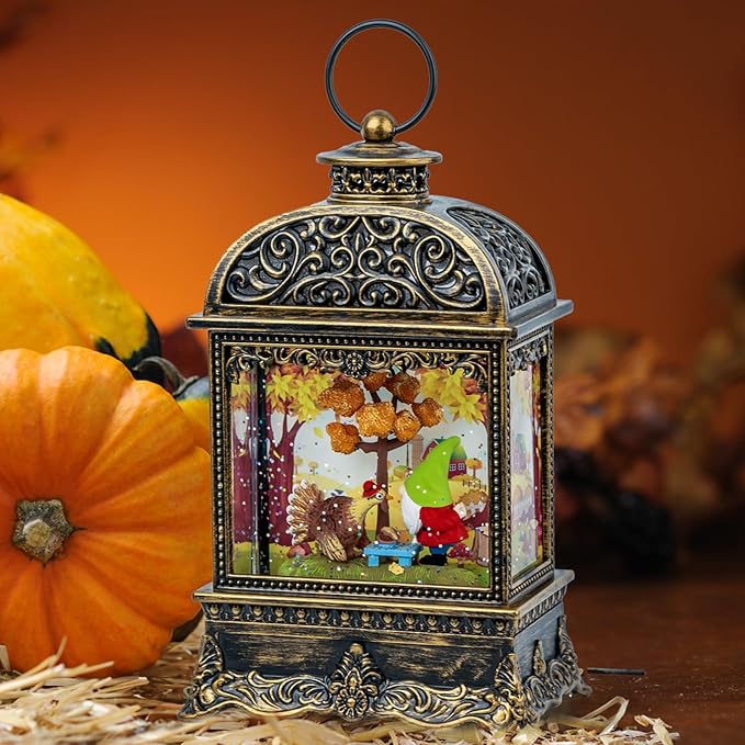 Fall Decor Snow Globe Lantern, Thanksgiving Decoration Swirling Glitter Gnome Snow Globe with Turkey, Harvest Day Gifts, Home Fall Halloween Decor