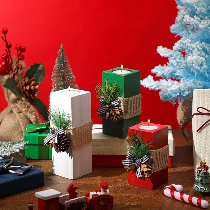 Sliner 3 Pcs Christmas Candle Holders with Candles Wooden Xmas Tealight Candle Holders Decorations Red White Green Votive Wood Candlestick for Christmas Table Centerpiece Decor Xmas Gifts