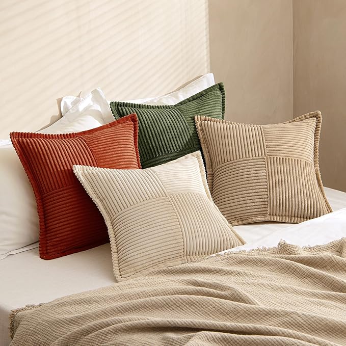 MIULEE Fall Rust-Olive Green Throw Pillow Covers 16x16 Inch 4 Packs Soft Boho Color-Clash Farmhouse Pillow Cases Accent Modern Cushion Cases for Couch Sofa Bed Corduroy Patchwork Home Decor