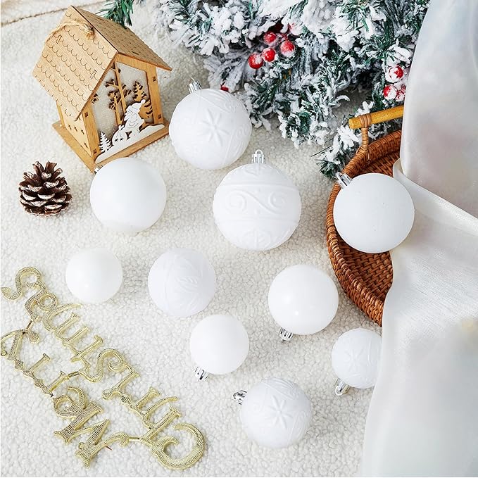 Wironlst Christmas Ball Ornaments - 30pcs Shatterproof Plastic Christmas Ornaments Hanging Ball Decorations for Xmas Tree, Holiday, Wedding, Party (Multi-Size, White)