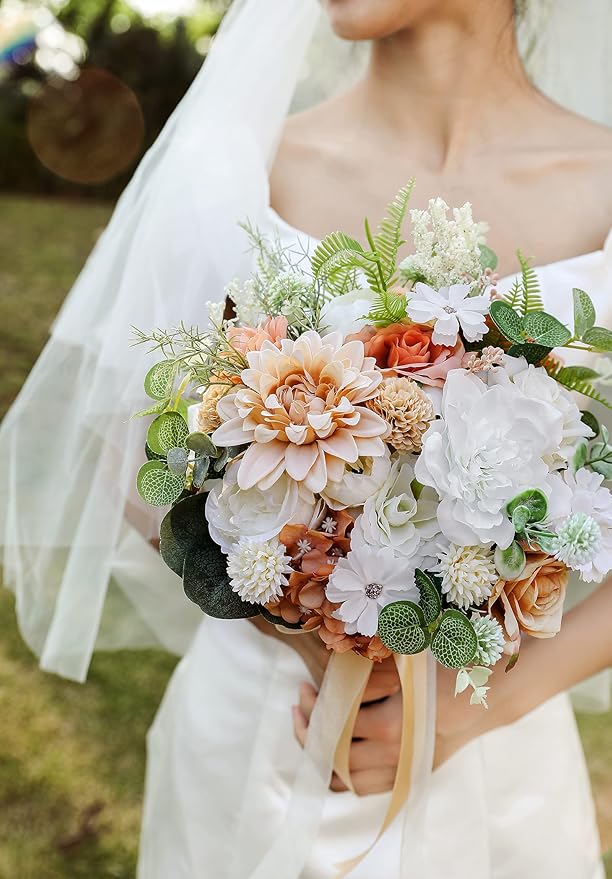 Serra Flora Artificial Flowers Combo Dahlia 34pcs Silk Mix Fake Flowers Roses for DIY Wedding Bouquets Combo Centerpieces Arrangements Party Bridal Baby Shower Home Decorations(White Pink)