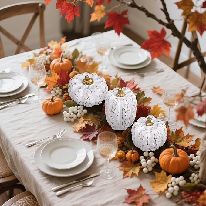 winemana Pumpkins Fall Decorations for Home- Set of 3 Elegant White Pumpkin Resin Thanksgiving Centerpiece for Table, Mantel, Porch & Indoor, Textured Neutral Farmhouse Autumn Harvest Decor (White)