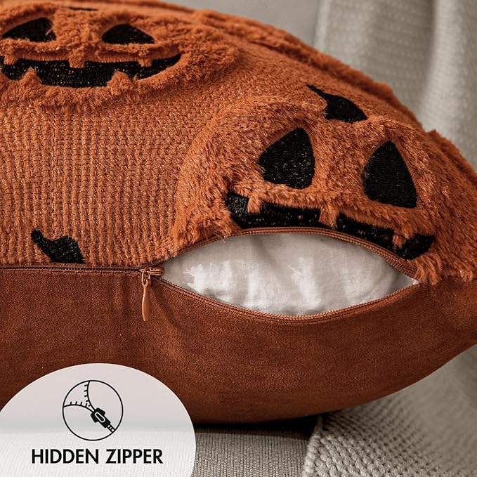MIULEE Fall Halloween Throw Pillow Covers 18x18 Decorative Pumpkin Pattern Pillowcases Soft Plush Faux Wool Cushions for Home Patio Sofa Couch,Rust