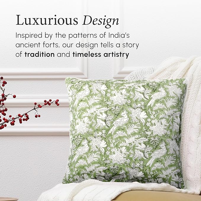 CPC 100% Cotton Throw Pillow Covers 18x18 Inch, Set of 2 Green Block Print Pattern Couch Pillow, Cute Boho Decorative Pillows for Living Room, Bedroom with Hidden Zipper- Olive Green