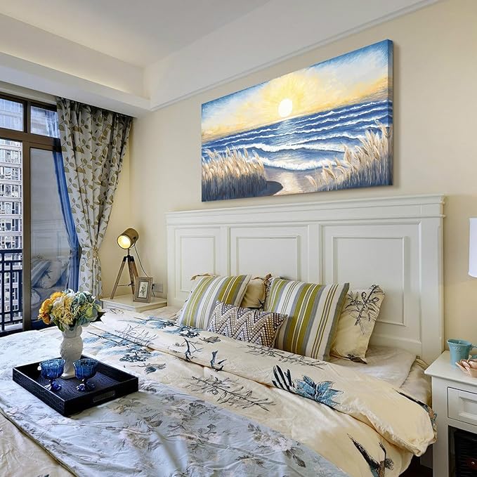 Ocean Canvas Wall Art for Living Room Seaside Sunset over the Beaches Coastal Reeds Blue Sea Waves Calm Seascape Painting Seashore Nature Landscape Artwork for Home Bedroom Office Decor 48x24inch