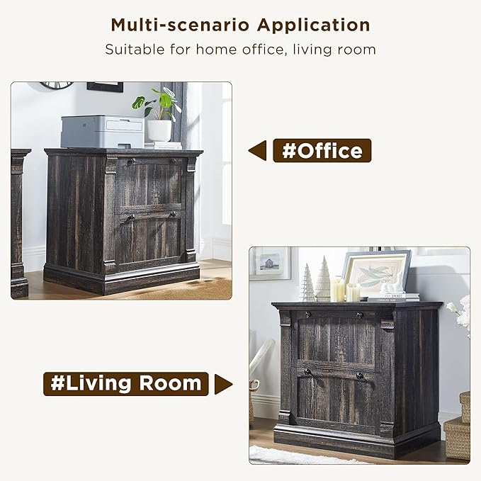 OKD Farmhouse File Cabinet with 2 Drawers, 30" Lateral Filing Cabinet, Hanging File Folders, Interlocking Drawers, Rustic Oak Wood, Brown, Home Office, Living Room, 30" x 22" x 10.2"