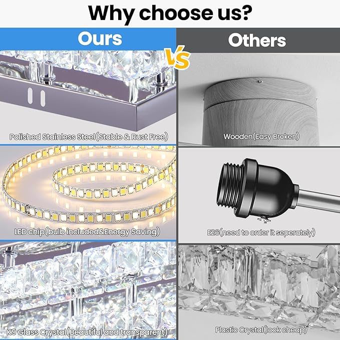 Finktonglan Modern Crystal LED Ceiling Light Fixture 20” Rectangular Flush Mount Chandelier Ceiling Lights 3-Tiers Stainless Steel Ceiling Lamp Fixtures for Living Room Dining Room(6500K Cool White)