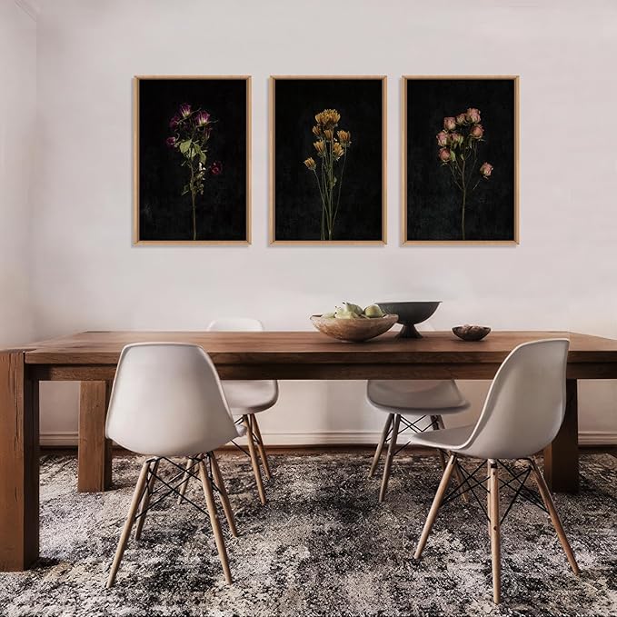 KAIRNE Dark Moody flower Framed Canvas Wall Art Set, Minimalist Black Wildflower Wall Decor, Vintage Botanical Floral Wall Painting, Nature Plant Art Prints for Living Room, Bedroom, Office 16"x24"x3