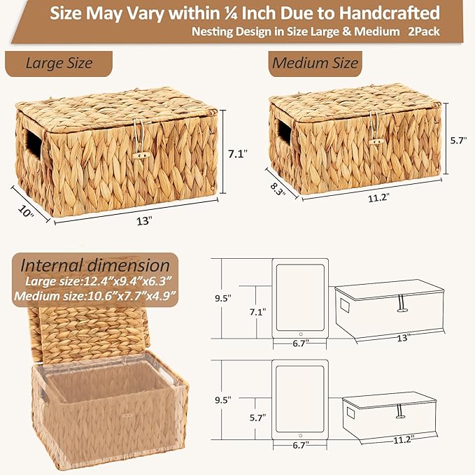 Wicker Basket with Lid, Water Hyacinth Storage Baskets for Shelves, Large & Small Storage Basket with Lid and Built-in Handles, Hand Woven Hyacinth Baskets 2 Pack