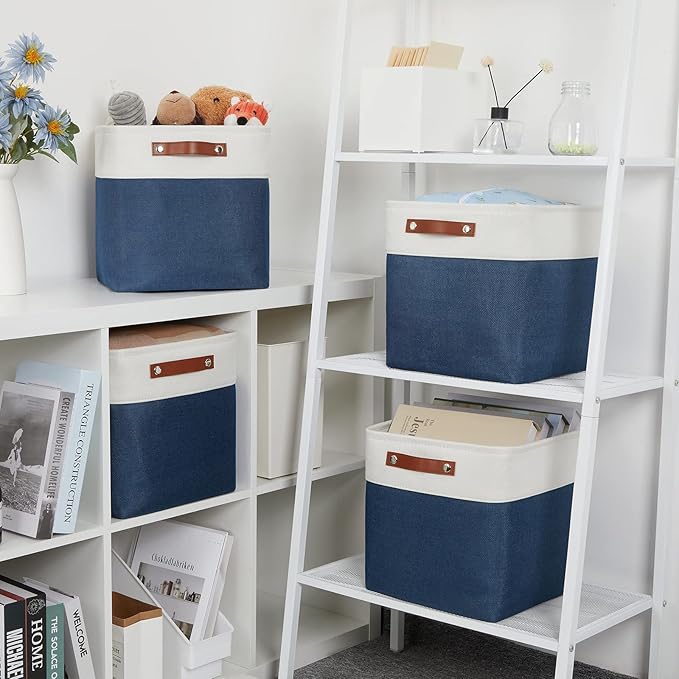 DULLEMELO Foldable Storage Cubes 12 x 12 Organizer Bins,Canvas Storage Bins Empty Gift Baskets for Organizing with SturdyLeather Handles, Closet Baskets for Nursery Storage(4 Pack - 12" White&Blue)