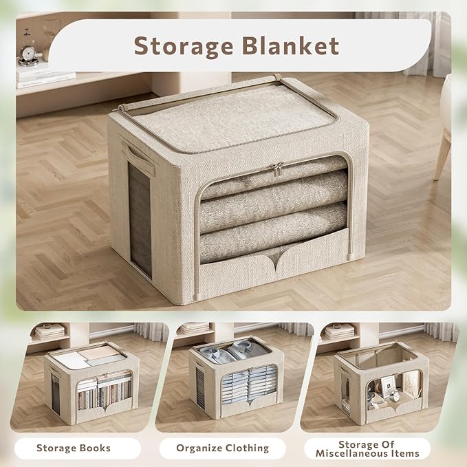 3 Pack Clothes Storage Bins Foldable Metal Frame Storage Box Stackable Linen Fabric Organizer Set with Carrying Handles and Clear Window (Beige, 15.7x11.8x11.8inch(36L))