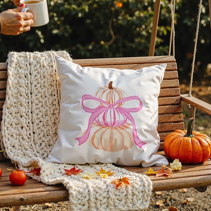 Coquette Pink Bow Watercolour Pumpkin Fall Pillow Covers 18x18, Preppy Pink Autumn Pillowcases for Couch Sofa, Cute Girly Pumpkin Decorative Pillow Covers for Bedroom Living Room Dorm