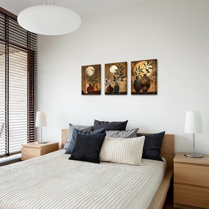 ChaudArt 3 Pieces Green Branch in Brown Vase with Moon Decor Paintings Modern Canvas Wall Art Decor Artworks Pictures for Living Room Bedroom Kitchen Decoration