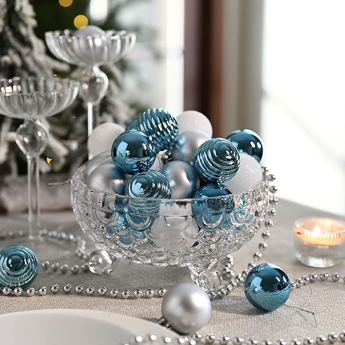 Valery Madelyn 1.57 Inches Small Christmas Tree Decorations Ornament Set for 4th of July Fall Halloween, 24ct Light Blue and Silver Shatterproof Hanging Ball Ornaments Holiday Party Decor