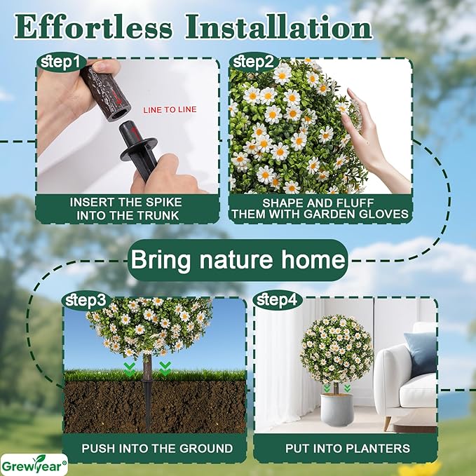 Set of 2 Artificial Topiary Ball Trees with White Mum, Faux Boxwoods for Outdoor Planters with Ground Spike, UV Resistant Artificial Outdoor Plants for Porch, Fake Bushes Round Shrub