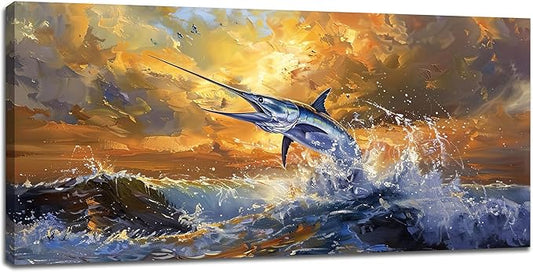Mecowcm 30x60 inch Large Nautical Fish Wall Art Swordfish Pictures Wall Decor Abstract Ocean Marine Life Canvas Print Coastal Wave Painting Artwork Home Decorations for Living Room Bedroom Office