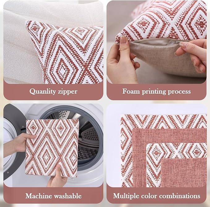 HPUK Decorative Throw Pillow Covers Set of 4 Geometric Design Linen Cushion Cover for Couch Sofa Living Room, 18"x18" inches, Coral