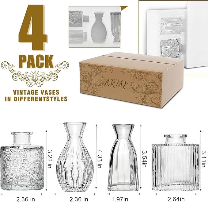 Arme 4 Pcs Bud Vases，Small Flower Vases Glass Vases for Flowers Mini Vases Glass Bud Vases Set for Centerpieces,Small Glass Vases Vintage Little Vases for Home Wedding Decor