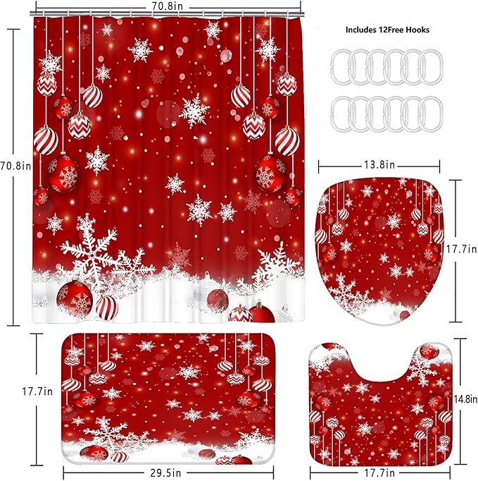 FZDHHY 4PCS Christmas Red Bathroom Decor Set Christmas Decorative Ball Shower Curtain Set Snow Bathroom Set Festivals Shower Curtains for Bathroom with Hooks 72x72 inch