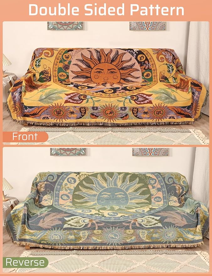 Boho Throw Blanket for Bed Couch Sofa Reversible Cotton Bohemian Travel Boho QuiltMexican Muslin Blanket Tapestry Hippie Room Decor Outdoor Blanket Double Sided (Sun Pattern Yellow 60"x80")