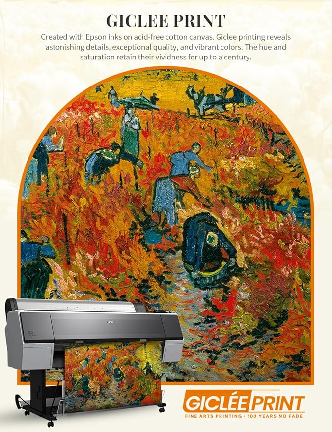 DECORARTS - The Red Vineyards by Vincent Van Gogh. Giclee Print on Acid-Free Canvas in Gold Solid Wood Frame. Picture Size: 20x16, Total Size: 24.75x20.75, Made in USA