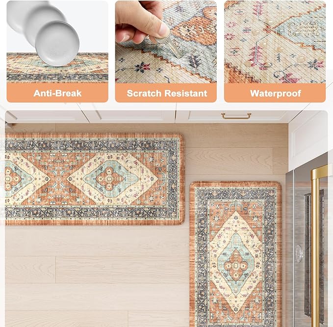 KIMODE Anti Fatigue Kitchen Mat for Floor, Boho Orange Kitchen Rugs Sets of 2, Cushioned Kitchen Floor Mats, Fall Kitchen Rugs Non Slip for Halloween Sink Laundry Desk Home 17"x47"+17"x29"