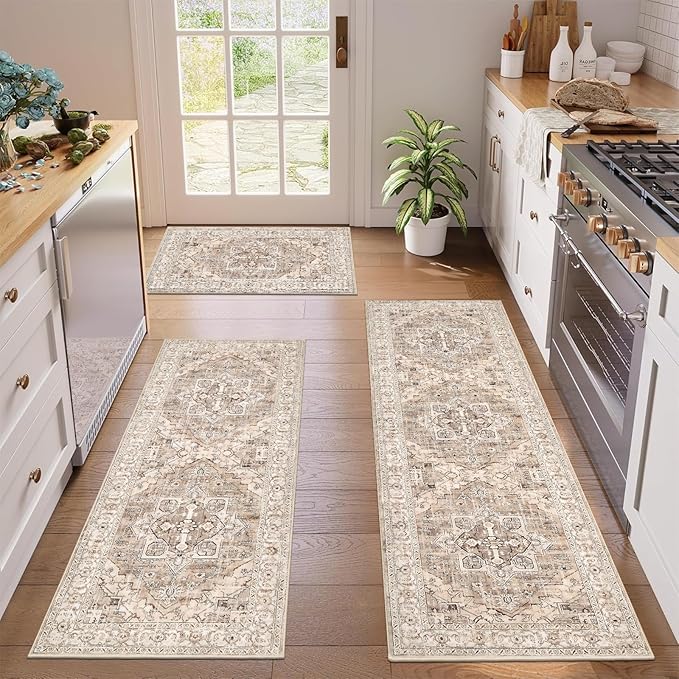 Pauwer Kitchen Mats for Floor 3 Piece Set Boho Non Slip Kitchen Rugs Washable Farmhouse Kitchen Floor Mats Thick Long Kitchen Throw Area Rug Carpet Runner for Hallway Entryway Laundry Bathroom, Beige